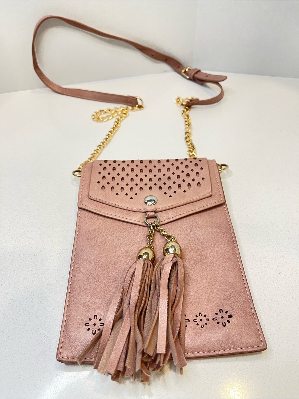Stylish Blush Pink Crossbody Phone Bag with Tassels